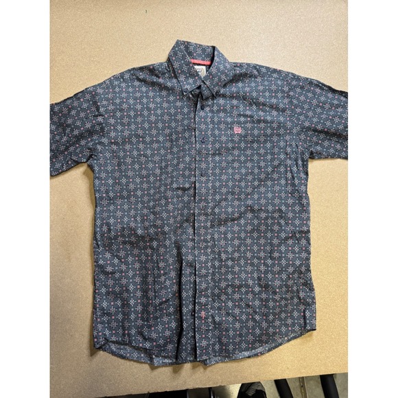 Cinch Mens XS Short Sleeve Button Down Shirt Grey Pink Geometric Western Cotton - Picture 2 of 7